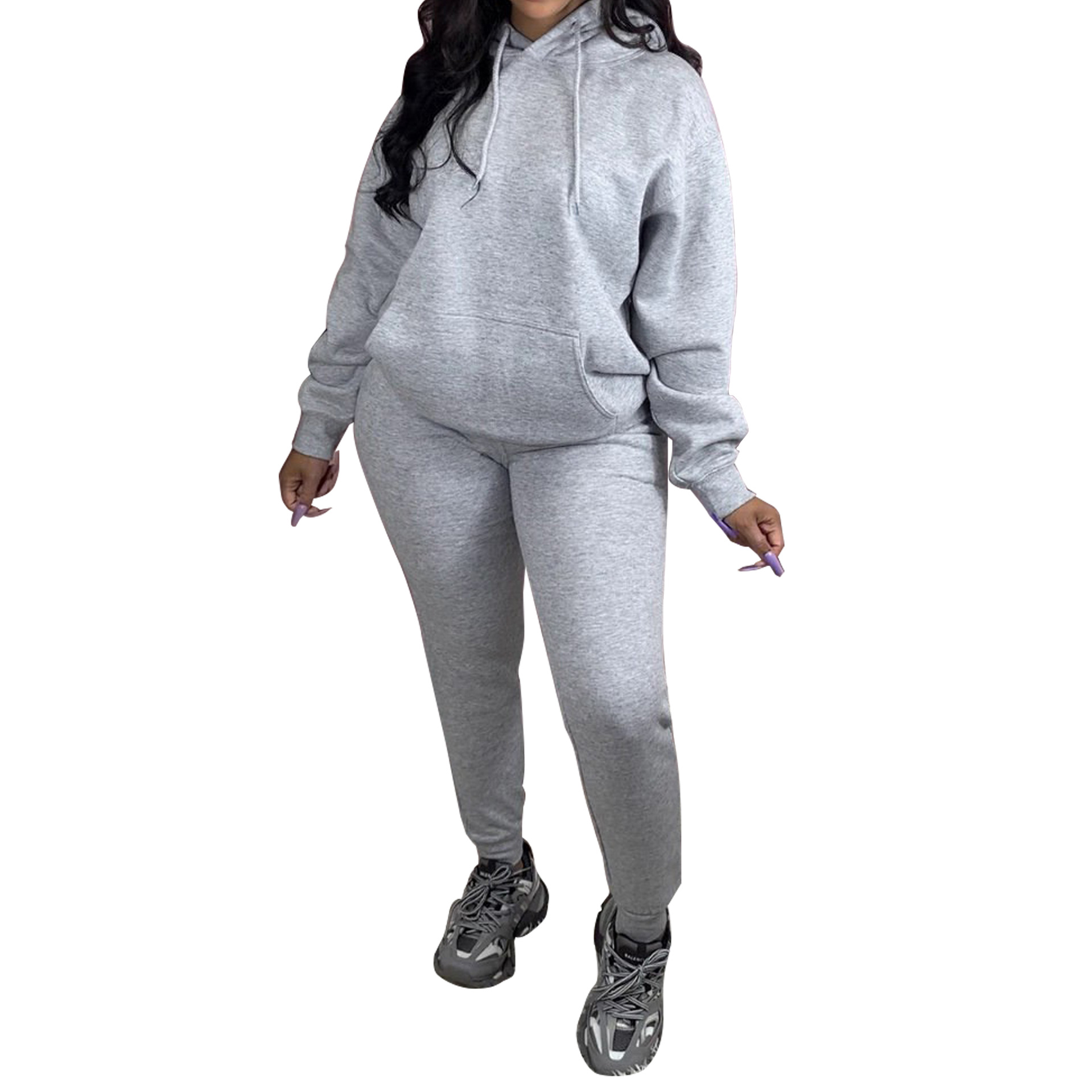 Women's Autumn Winter Sportswear Solid Color Two-Piece Fleece Hooded Jogging Set