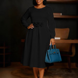 Women's Autumn Winter Solid Color Round Neck  Floral A-line Dress