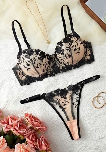 Women's Seductive Lingerie Set Mesh Embroidery Thin Bra and Panty Set