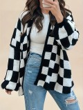 Plus Size Women Winter Black and White Check Coat Sweater