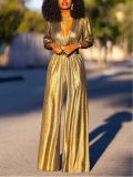 Women Sexy V-Neck Stretch Shiny Jumpsuit