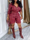 Women's Autumn Winter Casual Fashion Hooded Leather Jacket and Shorts  Set