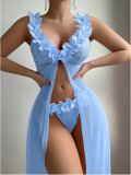 Women's Seductive Lingerie Set Low-Cut Floral See-Through Mesh Lace Slit Long Dress