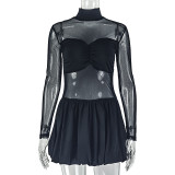 Women Solid Stand Collar Long-Sleeved Mini Pleated Dress