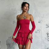 Women Autumn/Winter Long-Sleeved Strapless Off-Shoulder Dress