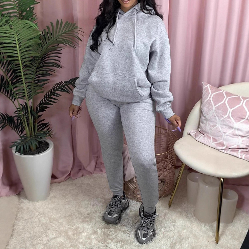 Women's Autumn Winter Sportswear Solid Color Two-Piece Fleece Hooded Jogging Set