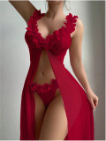 Women's Seductive Lingerie Set Low-Cut Floral See-Through Mesh Lace Slit Long Dress
