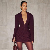 Women Autumn/Winter Solid V Neck Turndown Collar Pleated Blazer Dress