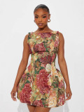 Women's Oil Painting Style Jacquard Round Neck Sleeveless Slim Waist Slim Fit Dress