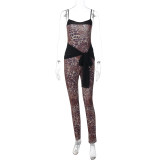 Women Winter Leopard Print Mesh Lace-Up Jumpsuit