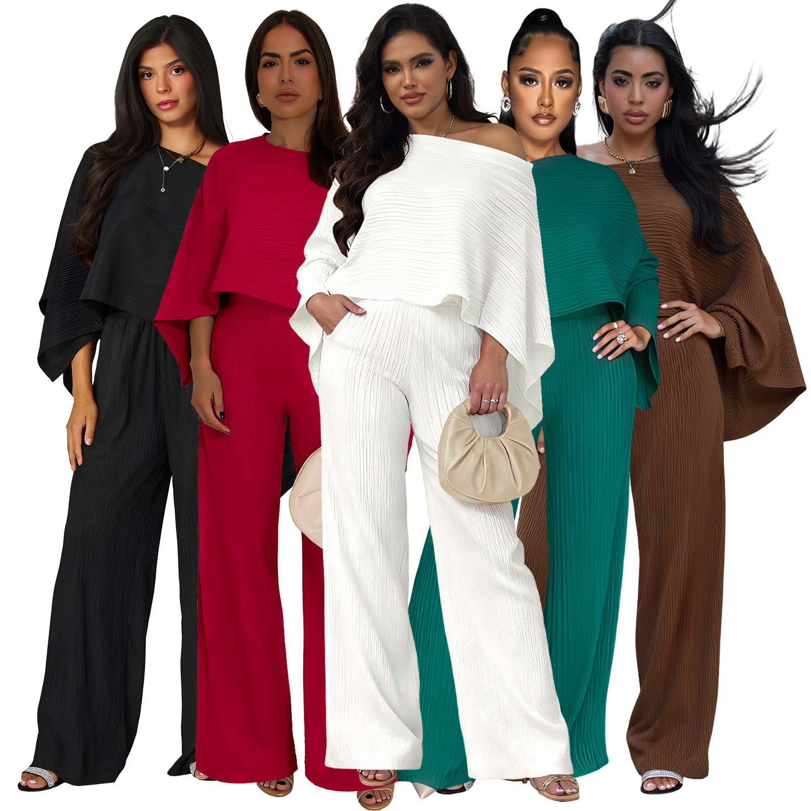 Women's Fashion Set Stretch Crinkle Bat Sleeve One-Sleeve Top Wide-Leg Pants