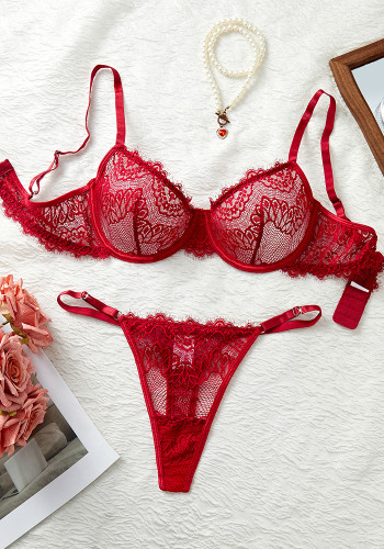 Women's Lace Print Sheer See-Through Bra and Thong Set