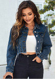 Women Denim Fringe Turndown Collar Long-Sleeved Jacket