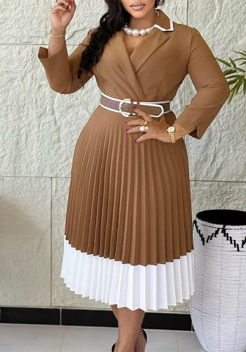 Women Autumn/Winter Solid Long-Sleeve Color-Blocked Pleated Dress