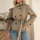 Women Autumn Belt Long-Sleeved Solid Stand Collar Trench Coat