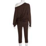 Women Autumn/Winter Asymmetrical Off-Shoulder Stacked Gathered Long-Sleeved Top and Cropped Pants Two-Piece Set
