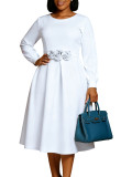Women's Autumn Winter Solid Color Round Neck  Floral A-line Dress
