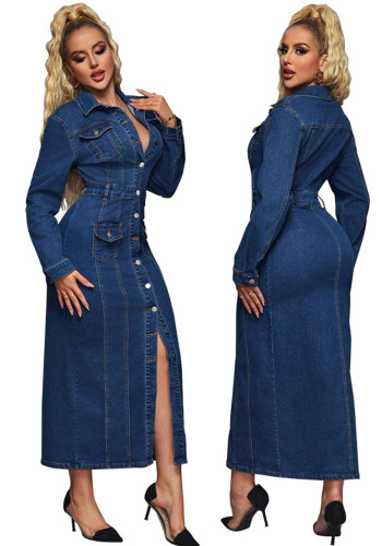 Women Long-Sleeved Denim Maxi Dress