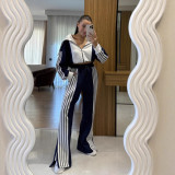 Women Color-Blocked Long-Sleeved Zipper Top and Pants Two-Piece Set