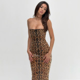 Women's Autumn Chic Leopard Print Tight Fitting Slim Fit Strapless Dress