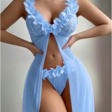 Women's Seductive Lingerie Set Low-Cut Floral See-Through Mesh Lace Slit Long Dress