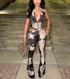 Women Sexy Print Halter Neck Tie-Up Bell Bottom Jumpsuits