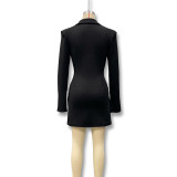 Women Autumn/Winter Solid V Neck Turndown Collar Pleated Blazer Dress