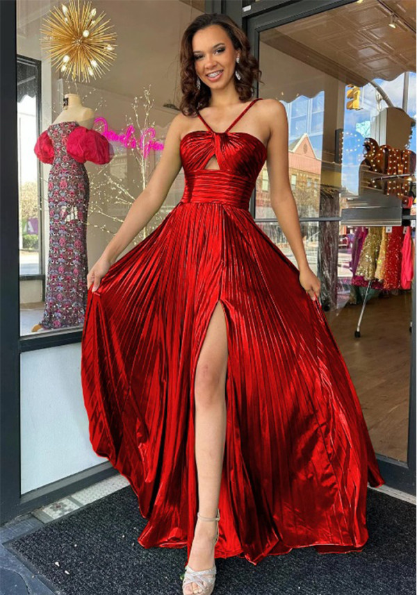 Women Sexy Slit Sleeveless Shiny Backless Dress