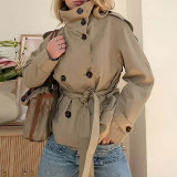 Women Autumn Belt Long-Sleeved Solid Stand Collar Trench Coat