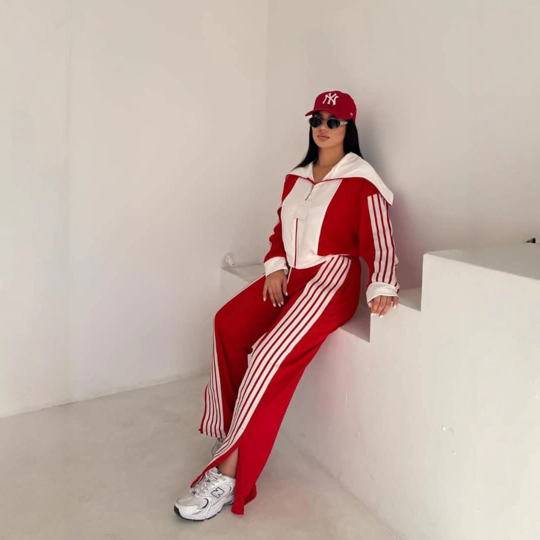 Women Color-Blocked Long-Sleeved Zipper Top and Pants Two-Piece Set