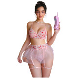 Women's Mesh Double-Sided Flocked Heart Print Flared Skirt Lingerie Set