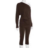Women Autumn/Winter Asymmetrical Off-Shoulder Stacked Gathered Long-Sleeved Top and Cropped Pants Two-Piece Set
