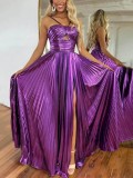 Women Sexy Slit Sleeveless Shiny Backless Dress