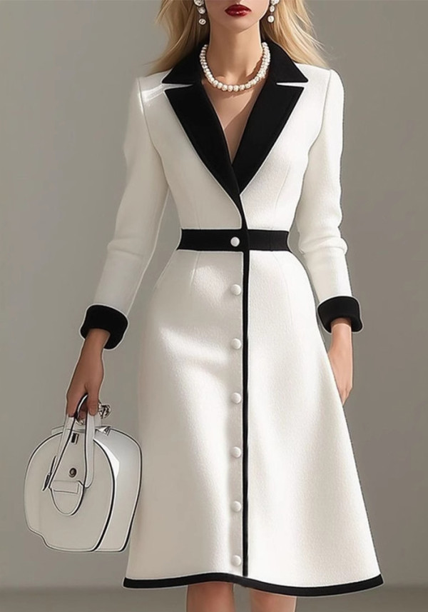 Women Spring French Style Black and White Color Block Three-Quarter Sleeve Dress