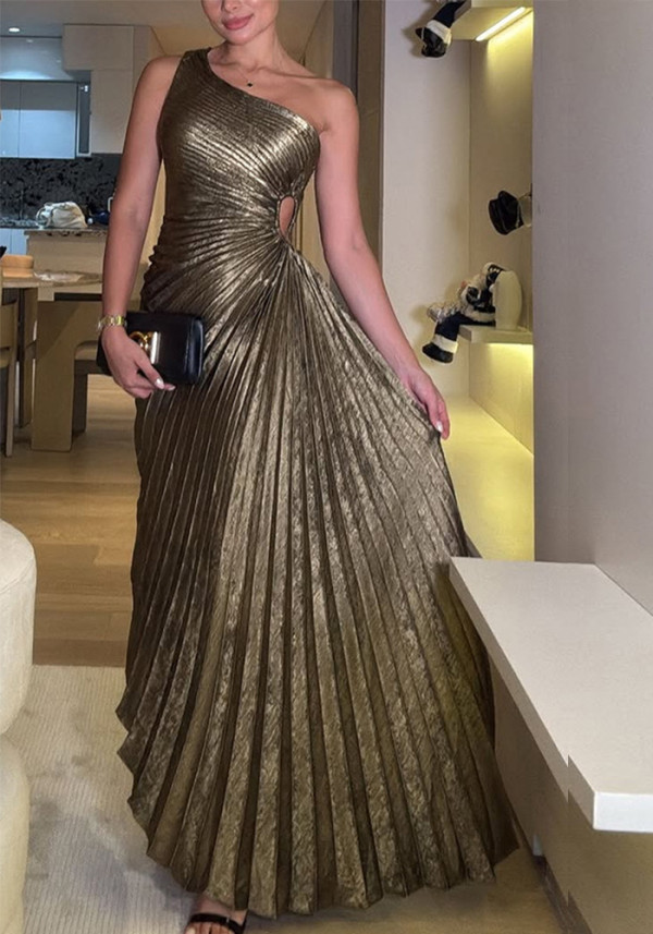 Women Sexy Pleated Slash Shoulder Sleeveless One-Shoulder Dress