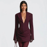 Women Autumn/Winter Solid V Neck Turndown Collar Pleated Blazer Dress