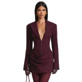 Women Autumn/Winter Solid V Neck Turndown Collar Pleated Blazer Dress