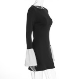 Women Round Neck Black and White Patchwork Long Sleeve Autumn Bodycon Dress