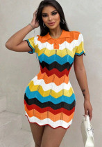 Women's Autumn Dress Color Block Turndown Collar Knitting Bodycon Sweater Slim