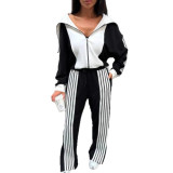 Women Color-Blocked Long-Sleeved Zipper Top and Pants Two-Piece Set