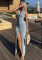 Women's Summer Blue Sexy Button Denim Long Dress