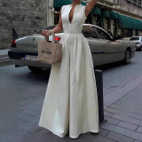 Women Summer Elegant Casual White Sleeveless Zipper Jumpsuit