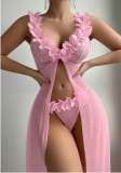 Women's Seductive Lingerie Set Low-Cut Floral See-Through Mesh Lace Slit Long Dress