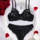 Women's Seductive Lingerie Set Lace Print See-Through Bra and Panty Set