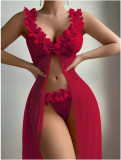 Women's Seductive Lingerie Set Low-Cut Floral See-Through Mesh Lace Slit Long Dress