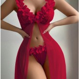 Women's Seductive Lingerie Set Low-Cut Floral See-Through Mesh Lace Slit Long Dress