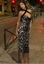 Women Sexy Leopard Print Sleeveless Halter Neck Slit Dress
