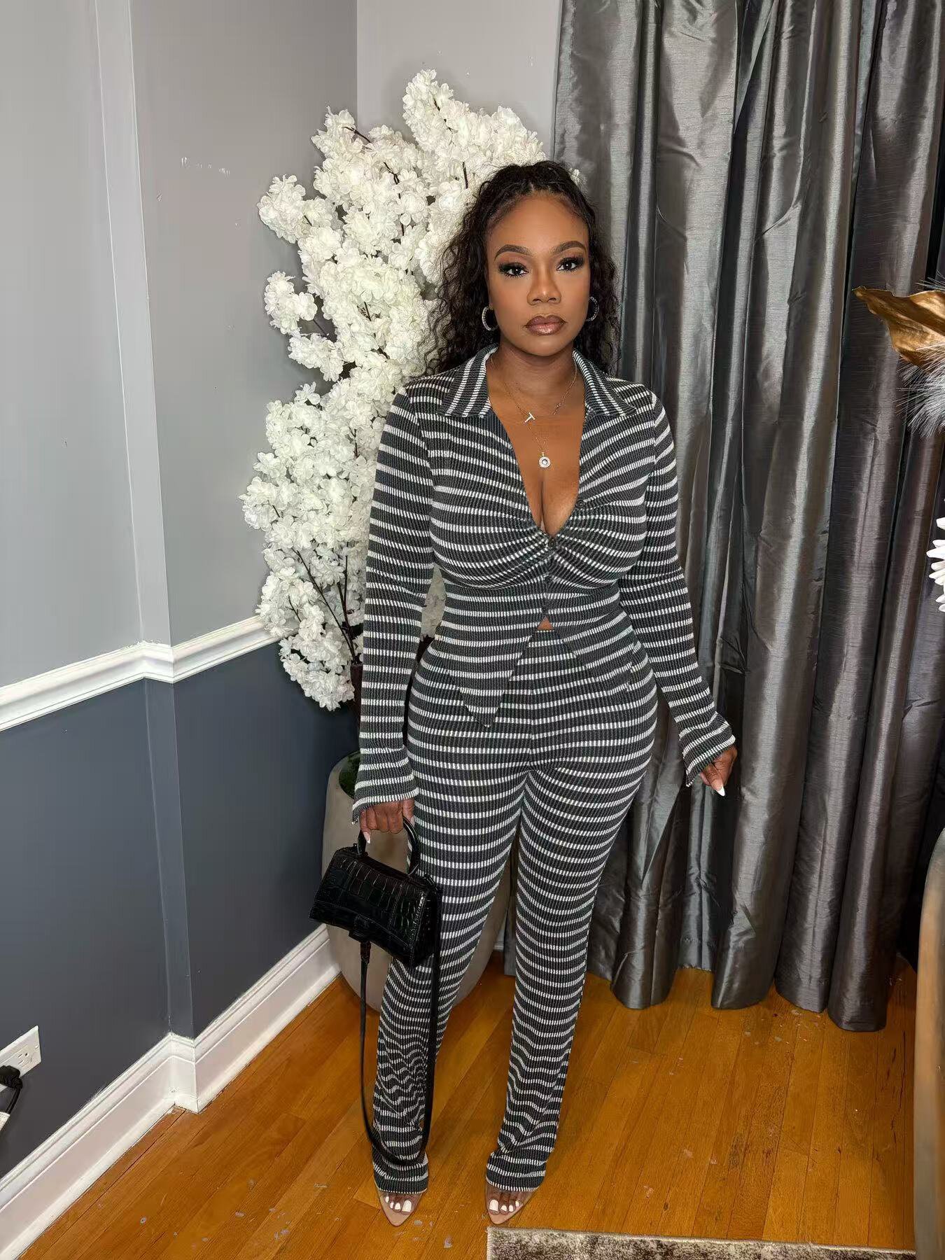 Women Autumn/Winter Striped Long-Sleeved Top and Pant Two-Piece Set