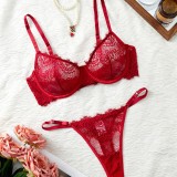 Women's Lace Print Sheer See-Through Bra and Thong Set