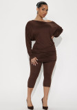 Women Autumn/Winter Asymmetrical Off-Shoulder Stacked Gathered Long-Sleeved Top and Cropped Pants Two-Piece Set
